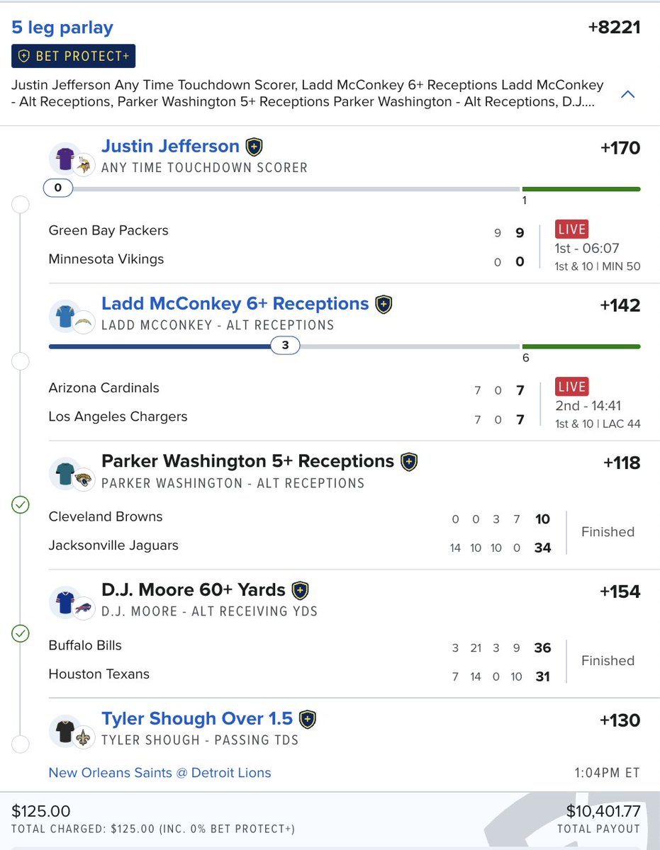 TommygWinsAgain's tweet photo. 🚨THE NFL ROUND TABLE SHOW +8,000 UNDERDOG PARLAY IS LIVE!!!!!! 

💰$100 TO 3 PPL WHO LIKE 👍 IF IT HITS!

@TommygWinsAgain DJ Moore 60+✅
@SC_FFB Parker 5+✅
@motts81 Shough 2+ PTD ✅
@TheSeigeDFS  Ladd 6+ Rec 🔥 (has 3 in 1Q)
@JerryDurghalli JJ TD (QB just died on field) https://t.co/2naz5y1Otd