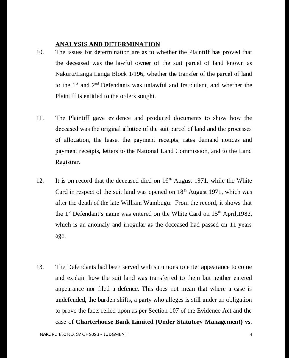 Lexken_EMSLaw's tweet photo. 🚨 Court cancels a land title registered eleven years after the owner had already died. In Julius Ndiritu Wambugu v Fredrick Mbui Wanjau & 2 others, the Environment and Land Court at Nakuru declared the registration unlawful, but the case matters for more than one parcel. It sits at the centre of a real tension in Kenyan land law that the Supreme Court has recently reshaped.

William Wambugu Kiiru died on 16 August 1971. The property record card for Nakuru/Langa Langa Block 1/196 was opened two days later, on 18 August 1971, and the land was then registered in the first defendant's name on 15 April 1982, eleven years after the intended owner's death. There were no succession proceedings and no one with lawful authority to transfer the deceased's interest. Justice Millicent Odeny declared the registration unlawful, fraudulent, null and void, and, applying Section 80 of the Land Registration Act, ordered the register rectified and the property restored to the estate.

Kenyan land law holds two principles in balance. On one side is Section 26, the indefeasibility of title, which makes a registered proprietor's title conclusive and protects the certainty that lets people buy, sell and lend against land. On the other is Section 80, the power to rectify the register where a title was obtained by fraud or mistake. Push indefeasibility too far and fraudsters keep stolen land; push rectification too far and no title is safe. Every case like this forces a court to decide where the line falls.

The higher courts have resolved that tension in favour of substance over the certificate. In Dina Management Ltd v County Government of Mombasa [2023] KESC 30, and again in Selmi v Tarabana [2025] KESC 21, the Supreme Court held that the sanctity of title under the Torrens system is not absolute, and that a title obtained through fraud or illegality cannot be shielded by indefeasibility. The courts must look beyond the certificate to the entire chain of allocation, from the first allotment to the present registration, the root of title. A certificate is only prima facie evidence, not conclusive proof, and the burden lies on the registered proprietor to show the title was lawful from its root. The Wambugu case applies exactly that: trace this title to its root, and you reach a dead man who could not have transferred anything.

This same reasoning can affect the genuinely innocent buyer. A person who purchases land years down a chain, conducts a clean search, and pays full value can still lose it if a defect lies at the root, long before their involvement. The Supreme Court has tempered this by protecting the true bona fide purchaser for value without notice, but the message is clear: a clean search alone is no longer enough. Due diligence must now reach back into how the title first came into being.

The name on the register is where inquiry begins, not where it ends. Before asking whose name is on the title, the more important question is often how that name got there, and whether the chain holds when you follow it all the way back.

👉 Follow @Lexken_EMSLaw for practical legal insights on land law, succession and conveyancing.