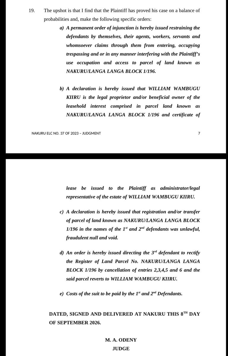Lexken_EMSLaw's tweet photo. 🚨 Court cancels a land title registered eleven years after the owner had already died. In Julius Ndiritu Wambugu v Fredrick Mbui Wanjau & 2 others, the Environment and Land Court at Nakuru declared the registration unlawful, but the case matters for more than one parcel. It sits at the centre of a real tension in Kenyan land law that the Supreme Court has recently reshaped.

William Wambugu Kiiru died on 16 August 1971. The property record card for Nakuru/Langa Langa Block 1/196 was opened two days later, on 18 August 1971, and the land was then registered in the first defendant's name on 15 April 1982, eleven years after the intended owner's death. There were no succession proceedings and no one with lawful authority to transfer the deceased's interest. Justice Millicent Odeny declared the registration unlawful, fraudulent, null and void, and, applying Section 80 of the Land Registration Act, ordered the register rectified and the property restored to the estate.

Kenyan land law holds two principles in balance. On one side is Section 26, the indefeasibility of title, which makes a registered proprietor's title conclusive and protects the certainty that lets people buy, sell and lend against land. On the other is Section 80, the power to rectify the register where a title was obtained by fraud or mistake. Push indefeasibility too far and fraudsters keep stolen land; push rectification too far and no title is safe. Every case like this forces a court to decide where the line falls.

The higher courts have resolved that tension in favour of substance over the certificate. In Dina Management Ltd v County Government of Mombasa [2023] KESC 30, and again in Selmi v Tarabana [2025] KESC 21, the Supreme Court held that the sanctity of title under the Torrens system is not absolute, and that a title obtained through fraud or illegality cannot be shielded by indefeasibility. The courts must look beyond the certificate to the entire chain of allocation, from the first allotment to the present registration, the root of title. A certificate is only prima facie evidence, not conclusive proof, and the burden lies on the registered proprietor to show the title was lawful from its root. The Wambugu case applies exactly that: trace this title to its root, and you reach a dead man who could not have transferred anything.

This same reasoning can affect the genuinely innocent buyer. A person who purchases land years down a chain, conducts a clean search, and pays full value can still lose it if a defect lies at the root, long before their involvement. The Supreme Court has tempered this by protecting the true bona fide purchaser for value without notice, but the message is clear: a clean search alone is no longer enough. Due diligence must now reach back into how the title first came into being.

The name on the register is where inquiry begins, not where it ends. Before asking whose name is on the title, the more important question is often how that name got there, and whether the chain holds when you follow it all the way back.

👉 Follow @Lexken_EMSLaw for practical legal insights on land law, succession and conveyancing.