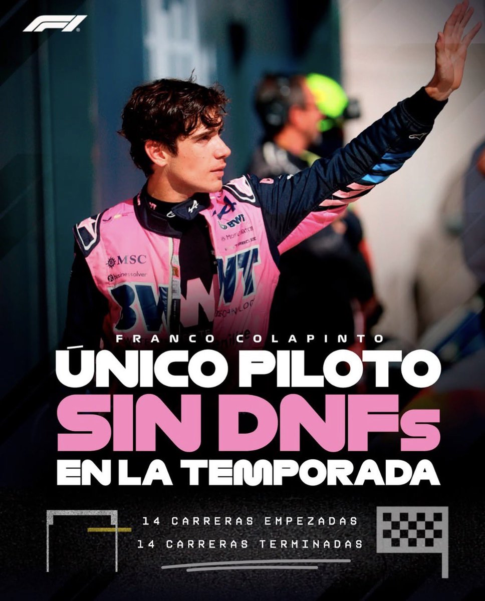 AlpineArg_'s tweet photo. 📲 | “ÚNICO PILOTO SIN DNFs EN LA TEMPORADA” 

El posteo que hizo la Fórmula 1 para Franco Colapinto 😮‍💨🇦🇷 https://t.co/A9UUk1aTuE