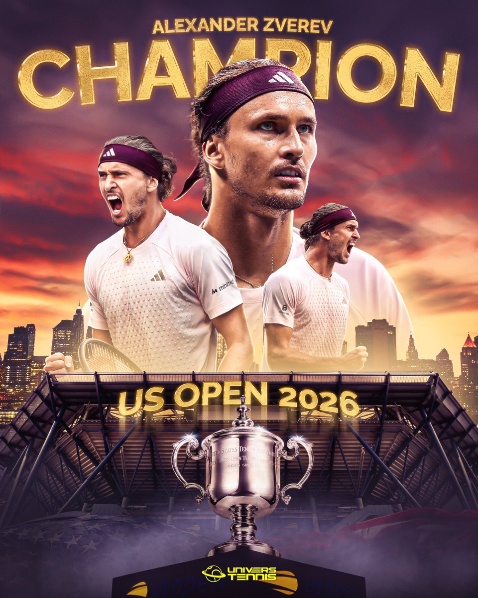 UniversTennis's tweet photo. ZVEREV REMPORTE L’#USOPEN 

Alexander Zverev s’impose contre Ben Shelton en finale après 3h33 (6-3, 7-6, 5-7, 6-2) et remporte son deuxième titre du Grand Chelem après Roland-Garros.

L’Allemand devient n°1 à la race devant Jannik Sinner. https://t.co/TMxP1D6QJq