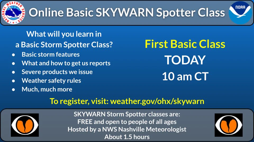 The first storm spotter class of the season is today at 10 am CT