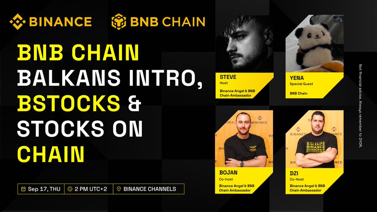 SteveBalkansBNB's tweet photo. 🔶 BNB Chain's first-ever local presence in the Balkans starts here — in collaboration with Binance Balkans.

17.09.2026 @ 14:00 UTC+2 — a special Binance Balkans x BNB Chain AMA with Yena (BNB Chain), talking @BNBCHAIN, bStocks and Stocks. Live on X, Binance Balkans Telegram & Binance Balkans Square.

🎁 Play our live Kahoot for a shot at the $1,000 prize pool: 🥇$350 🥈$250 🥉$175 · 4th $125 · 5th $100. For our Balkans community — share this post + submit our post-AMA survey to claim your reward.

This kicks off a monthly BNB Chain Balkans series hosted by @stevebalkans, @BjanMK & @dzibalkans, together with Binance Balkans. Set your reminder — see you there.

Links will be shared below.