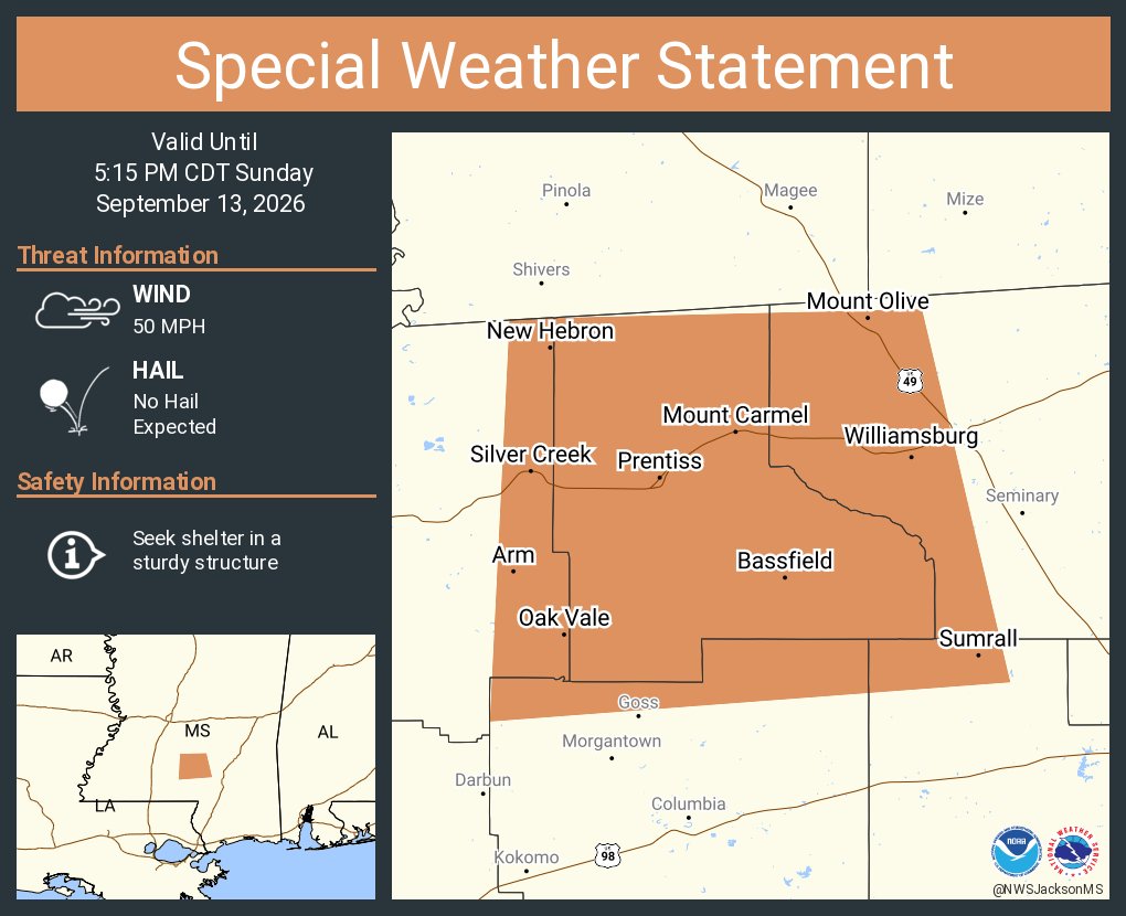 This graphic displays a special weather statement plotted on a map. The statement is in effect until 5:15 PM CDT. The statement includes Sumrall MS, Prentiss MS and Mount Olive MS. A STRONG THUNDERSTORM WILL IMPACT NORTHERN MARION, WESTERN COVINGTON, EASTERN LAWRENCE and NORTHWESTERN LAMAR AND JEFFERSON DAVIS COUNTIES THROUGH 515 PM CDT. The threats associated with this storm are wind gusts up to 50 MPH and no hail is expected. Seek shelter in a sturdy structure until the storm passes.