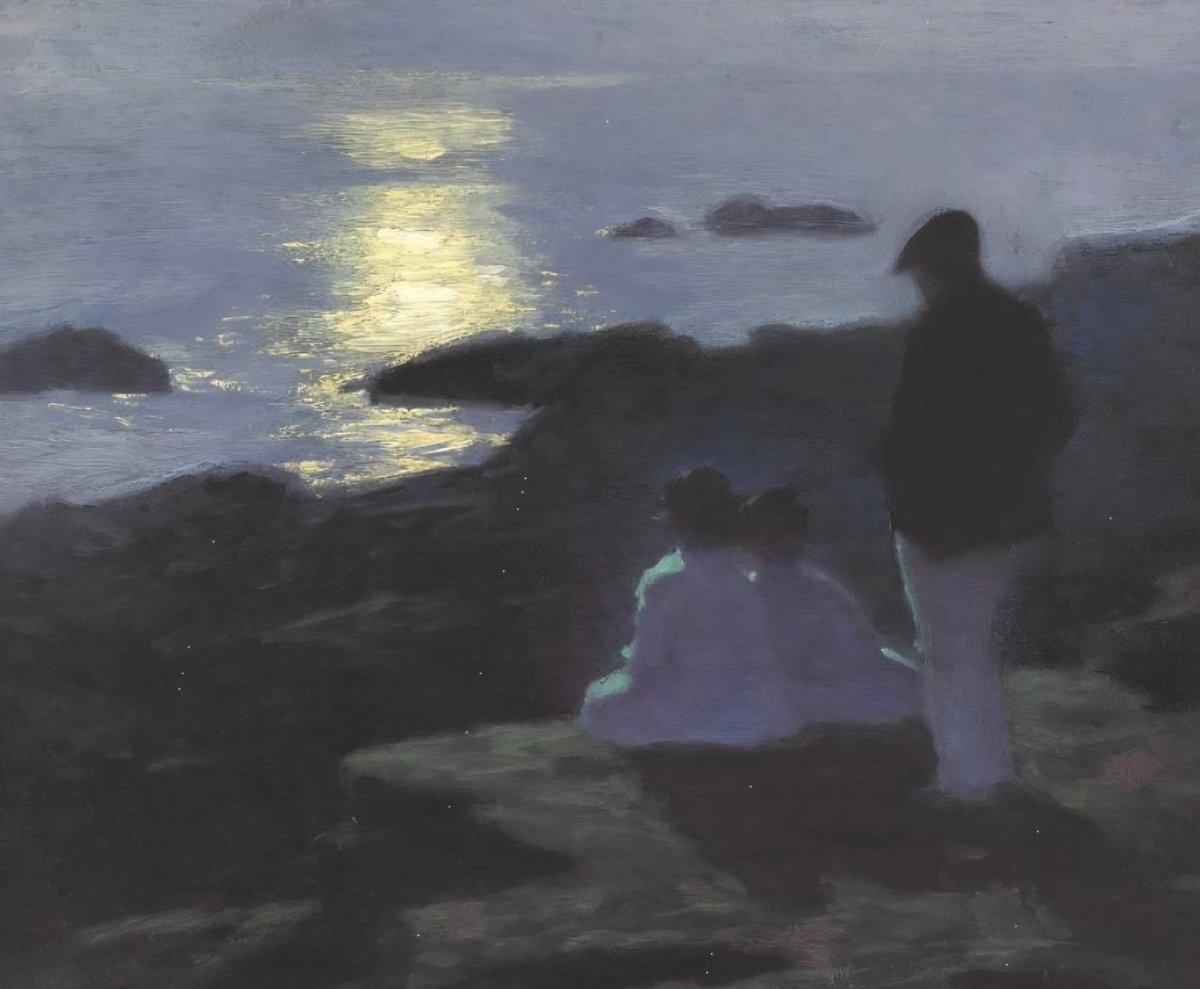 ahistoryinart's tweet photo. 'A Summer's Night.' (1925) The figures gazing across the water lend a contemplative quality to this  scene by Edward Potthast; he absorbed the influence of French Impressionism particularly its interest in light and atmosphere;  sunsets over water are rare in his work. https://t.co/WDIDNQUupt