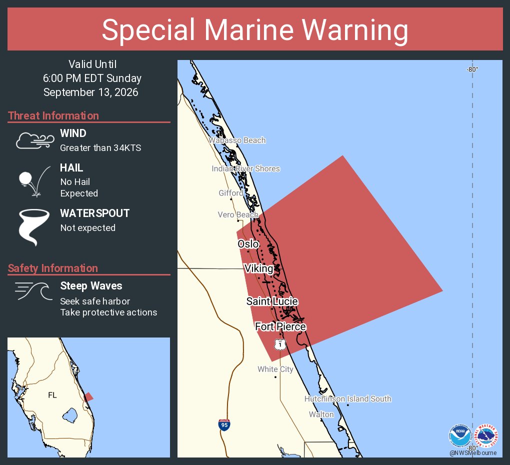 This graphic displays a special marine warning plotted on a map. The warning is in effect until 6:00 PM EDT. The warning includes Sebastian Inlet to Jupiter Inlet 0-20 nm. The threats associated with this warning are wind gusts greater than 34kts and no hail expected.Waterspouts are not expected. Steep waves can be expected. Seek safe harbor and take protective actions.