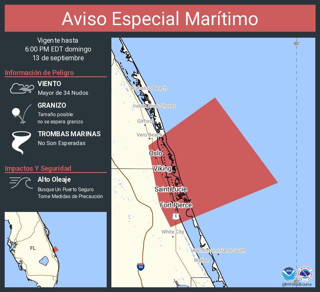 Este gráfico muestra la localización en el mapa de un Aviso Especial Marítimo. El aviso estará en efecto hasta las 6:00 PM EDT. El aviso incluye a Ensenada Sebastian a Ensenada Jupiter 0-20 mn. Las amenazas asociadas a este aviso son: ráfagas de vientos de mayor de 34 nudos yno se espera granizo. Las trombas marinas no son esperadas. Alto oleaje. Busque un puerto seguro y tome medidas de precaución.