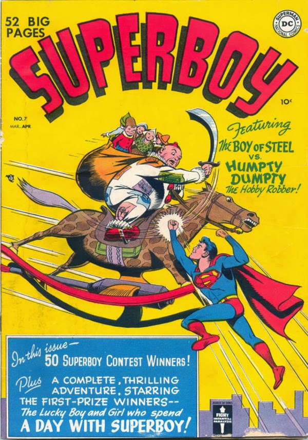 BaronDestructo's tweet photo. On This Day in Supervillain History
86 years ago, Superboy #6 marked the debut of Superboy's first supervillain, the hobby-obsessed Humpty Dumpty, who rode around on a rocket-powered hobby horse and stole everything from coin shows to stamp collections. https://t.co/ckdG974kqL