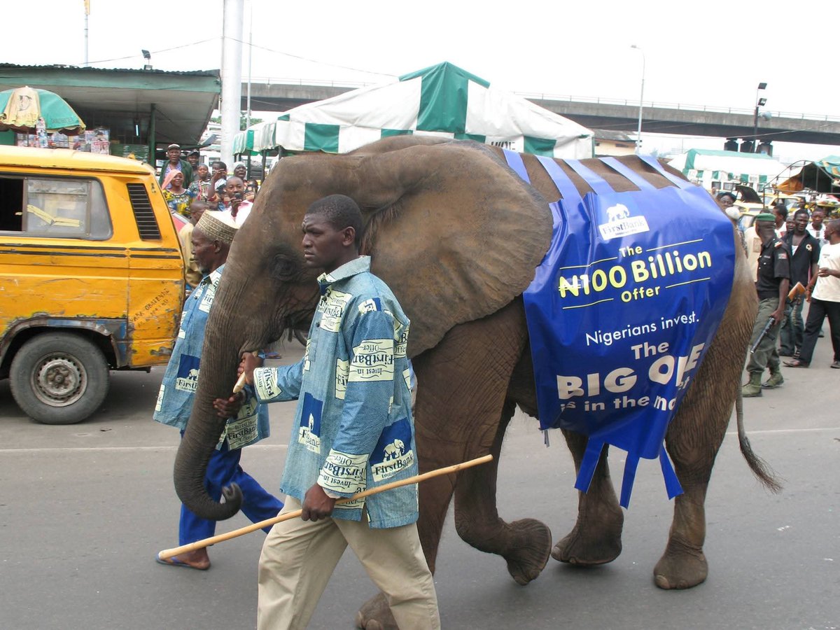Officially_Kriz's tweet photo. This was First Bank Public Offer roadshow in 2007.

The road show was led by a live elephant trudging from First Bank's corporate headquarters building on Marina in Lagos.

They intended to raise N100 billion but it was heavily oversubscribed and ultimately raised about N250 billion.