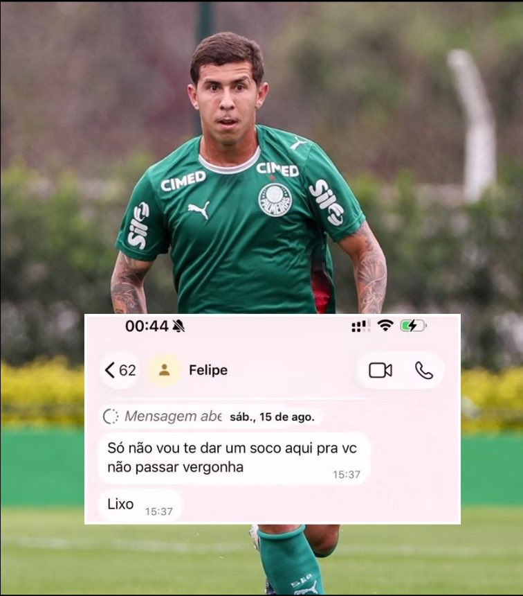 DataFutebol's tweet photo. Felipe Teresa, jogador da base do Palmeiras, foi acusado de violência doméstica pela sua ex-mulher.

No relato dela, ela diz que foi agredida dentro de um carro com socos e chutes; o filho do casal estava no veículo.

Ela também disse que tem provas e testemunhas do ocorrido.

Depois da denúncia, a Leila Pereira afastou o jogador dos treinamentos até a apuração do caso. O Palmeiras diz na nota que o clube não tolera qualquer tipo de violência contra a mulher.

Relato dela abaixo 👇🏻