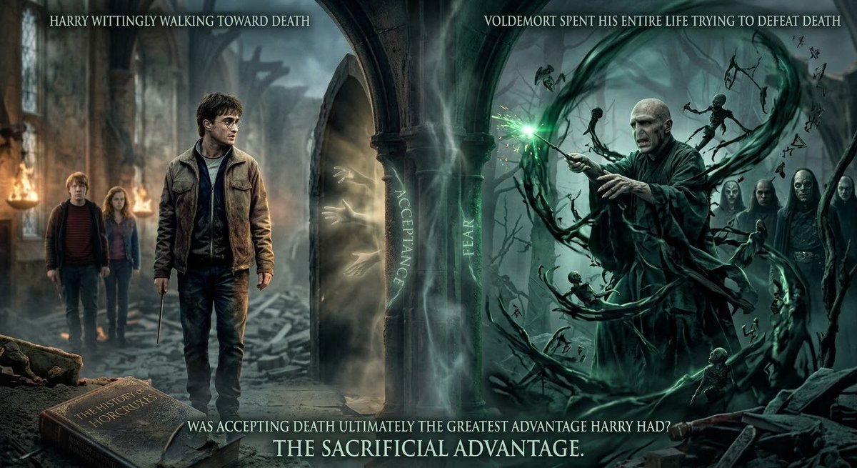 heisdayo13's tweet photo. Voldemort spent his entire life trying to defeat death, yet Harry willingly walked toward death when he realized what had to happen. Was accepting death ultimately the greatest advantage Harry had over Voldemort? https://t.co/uvldeSQeam