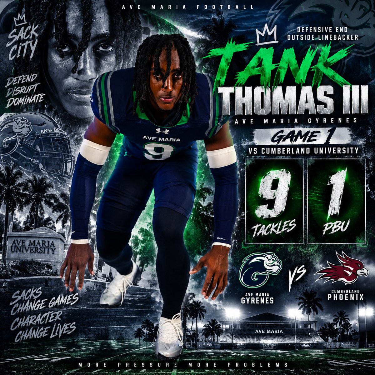 TankThomas16's tweet photo. Different game. Same mission. Find the football and make my presence felt. 🎯
9 Tackles | 1 PBU
DE. OLB. Wherever I’m needed.
Keep stacking days. Keep stacking production.
#TankThomasIII #DefendDisruptDominate #SackCity #AveMariaFootball  #MorePressureMoreProblems https://t.co/R2pWFu8aph