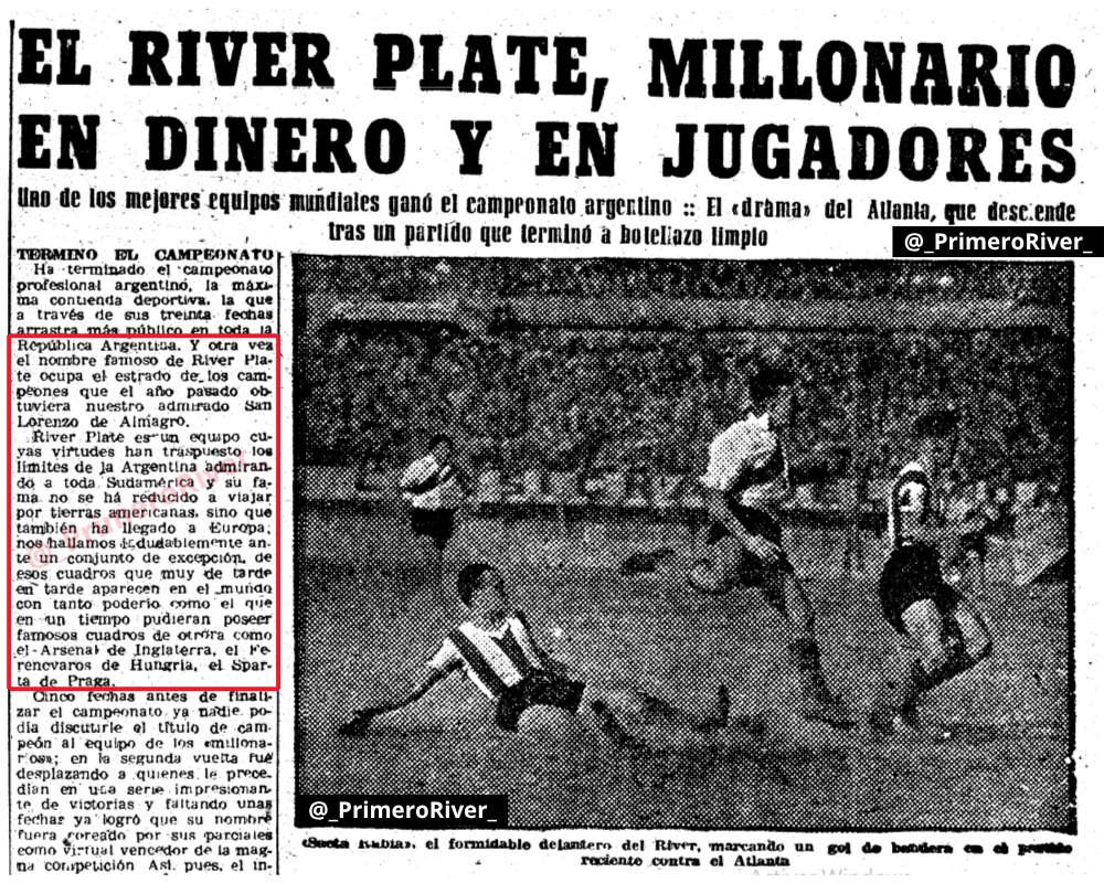 _PrimeroRiver_'s tweet photo. 🇪🇸 Diario Mundo Deportivo

RIVER PLATE, EL MEJOR DEL MUNDO 1947

"Terminó el campeonato, otra vez el nombre famoso de RIVER PLATE ocupa el estrado de los campeones"

"Las 2 victorias vs Nacional lo corroboran (Aldao), no cabe duda que River Plate es el MEJOR  EQUIPO DEL MUNDO" https://t.co/fWKDIEmagH