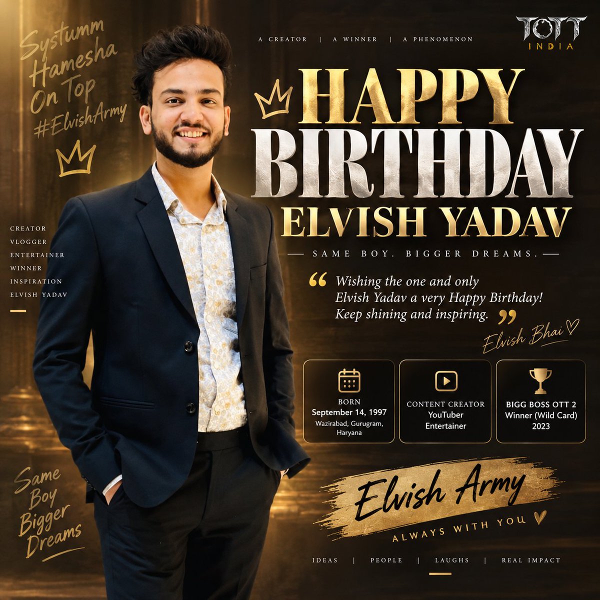 tott_ind_offl's tweet photo. #ElvishYadav #ElvishArmy #HappyBirthdayElvish #ElvishYadavFans #ContentCreator #YouTubeIndia #IndianYouTuber #BiggBossOTT2 #DigitalCreator #EntertainmentNews #SocialMediaCreator #TOTTIndia https://t.co/fUfc4Bb0ak