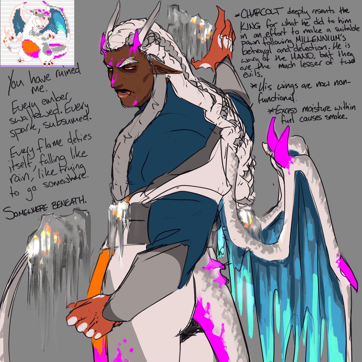 evilwizardal's tweet photo. Charizard and Charcolt (plus some lore for the au)! #frlgips #gijinka https://t.co/OvAznbr4UG