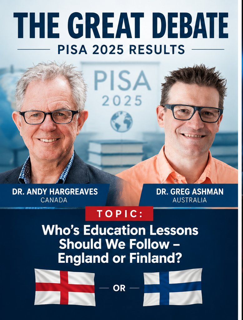 researchEDCan's tweet photo. Fantasy Education - The Great Debate over PISA 2025 Results featuring Dr Andy Hargreaves and Dr Greg Ashman.  It's purely a figment of the imagination. For the Exclusive back story sneak a peak at #EduchatterBlog. Calm down, it's educational satire! https://t.co/0vjXmZvqtU