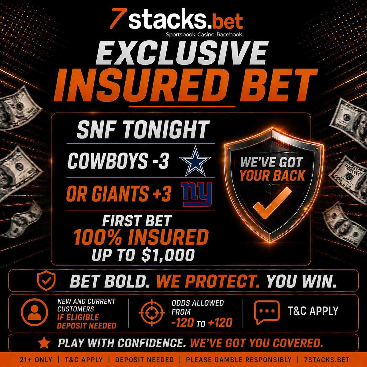 7stacksports's tweet photo. SNF RISK-FREE PROMO!!! 🚨🔒
We got you covered at @7stacksports!! 🏈💰
Deposit before kickoff and your spread bet is 100% insured up to $1,000!! 💯🛡️
DM us for T&C 📩
#SNF #NFL #RiskFree #SportsBetting #SpreadBet #7Stacks https://t.co/hIROKxcHgX