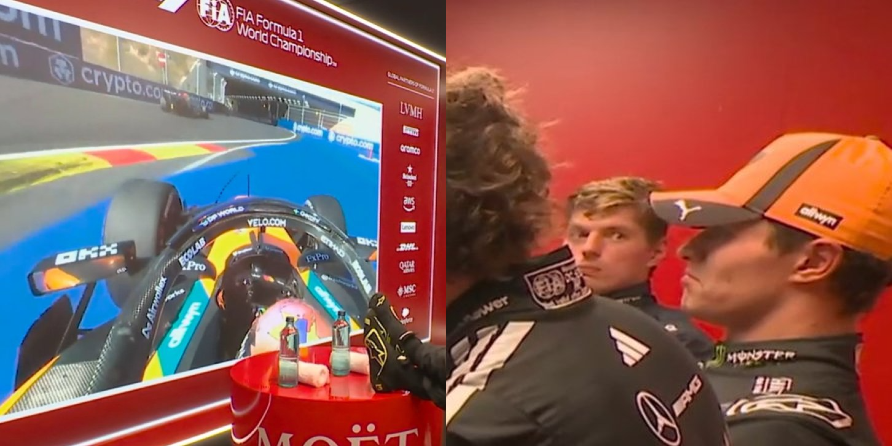 MV33Racing's tweet photo. The way Max Verstappen looked at Lando when the replay exposed who was actually cutting the track 😭😂 https://t.co/9KDqtYoogc