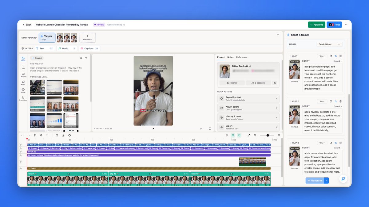 karolzdeb's tweet photo. We built a free AI-native video editor inside https://t.co/CFAg7ozq3b that lets you post directly to TikTok and Instagram through our iPhone farm.

We've been using it internally to make videos for customers since June and have edited and posted thousands of videos at this point.

It has almost every video editing capability that TikTok natively has, including the popular fonts & caption styles.

We previously tried to take a fully agentic approach to creating videos and editing them but truthfully the tech still isn't good enough to get them fully ready to post, so this editor acts as the bridge in the interim.

You can open the Pamba agent chat using the round button on the bottom right which lets you dictate edits in natural language.

There's a big bright "Post" button on the top right that lets you schedule the video to get posted directly on TikTok & Instagram through our iPhone farm.

If you want to edit & post videos that haven't been generated inside Pamba you can do that too by uploading your own video files on the "Videos" tab in our Studio.

The editor is available on the free plan so you don't need to pay anything to use it (at least for now while we can still afford to do this).

Other parts like AI video generation and being able to post to social media you have to pay to use.

Enjoy!