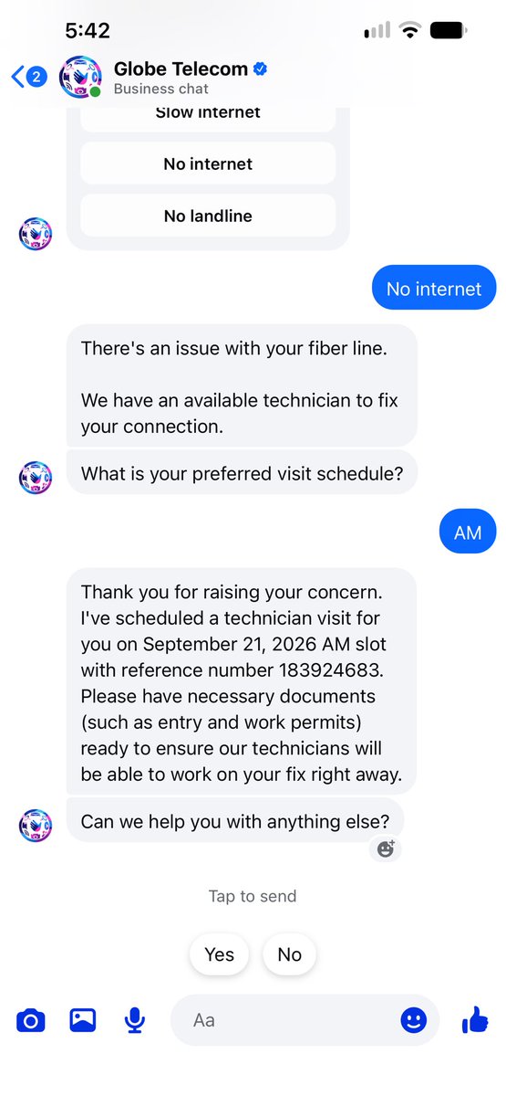 k3beeeen's tweet photo. Again?! Last Monday we lost our internet connection and it was only fixed Friday afternoon. Now another Monday with no internet. Great service @enjoyGLOBE. Please cancel our account if you can’t fix this ASAP. My work will not adjust for the scheduled repair. https://t.co/z8vQlAnjgy
