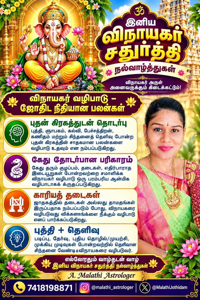 MalathiJothidam's tweet photo. 🙏 விநாயகர் அருள் அனைவருக்கும் கிடைக்கட்டும்! 🪔✨
தடைகள் நீங்கி, அறிவு • தெளிவு • வெற்றி பெருகட்டும்.
“ஓம் கணபதயே நமஹ” 🙏🐘🌺 https://t.co/WAPm3Oc1mh