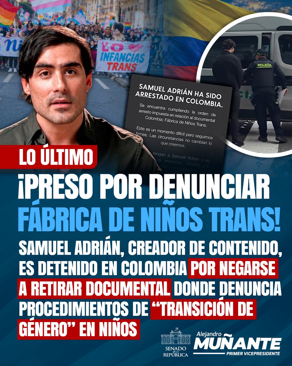 AlejoMunante's tweet photo. 🚨 #URGENTE | ¡PRESO POR DENUNCIAR “FÁBRICA DE NIÑOS TRANS”! @samueladriang, creador de contenido, fue detenido tras negarse a retirar el documental en el que denuncia procedimientos de “transición de género” en menores en una clínica de género en Colombia. Un juzgado de Cali ordenó su arresto por 10 días.

¿Su “delito”? Mostrar al mundo lo que estaba ocurriendo con niños: intervenciones irreversibles en sus cuerpos y tratamientos hormonales desde edades tempranas. ¿Hasta dónde puede llegar el poder para silenciar a quien denuncia? La libertad de expresión y el derecho de la sociedad a cuestionar prácticas que involucran a nuestros niños deben ser defendidos.

¡La defensa de nuestros niños no puede convertirse en un crimen!

#AgendaWoke #NoALaIdeologíaDeGénero 🚫
#DocumentalColombia #FábricaDeNiñosTrans