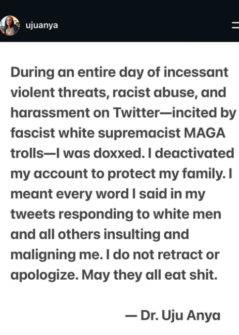 NizNellie3's tweet photo. 🚨 UPDATE 🚨

We’re now sliding into DAY 3 of Carnegie Mellon’s Professor Uju Anya scandal, and somehow it’s getting uglier.

After catching backlash for suggesting on social media that she would dance on the graves of white men, her latest response to any American criticizing her is simple:

“EAT SHIT.” 😐 

As American taxpayers continue pouring $455 MILLION in federal funding into Carnegie Mellon’s coffers, here are some notable quotes from this academic luminary:

- “Die first, white man, then ask yourself why I’m dancing.”

- On the one year anniversary of Charlie Kirk’s murder: “He’s a shitbag. May he rot in piss.”

- On Queen Elizabeth’s failing health: “I heard the chief monarch of a thieving and raping genocidal empire is finally dying. May her pain be excruciating.”

Americans work for every dollar Washington takes from them. Using those dollars to fund THIS? Absolutely indefensible.

Editor’s Note: I don’t think this genius knows what the definition of doxxing is, but that’s the least of her problems.

@SecScottBessent 
@CarnegieMellon 
H/T and superb reporting by @DeAngelisCorey