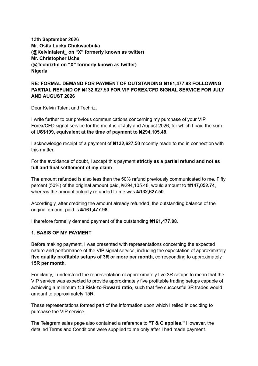 Fola_billions's tweet photo. Hello @Kelvintalent_ & @Techriztm
Please find attached the formal letter of demand for your perusal and necessary action. Kindly acknowledge receipt and respond in writing within seven (7) days of receipt, as stated in the letter.
Thank you. https://t.co/xmNOqeYvKa
