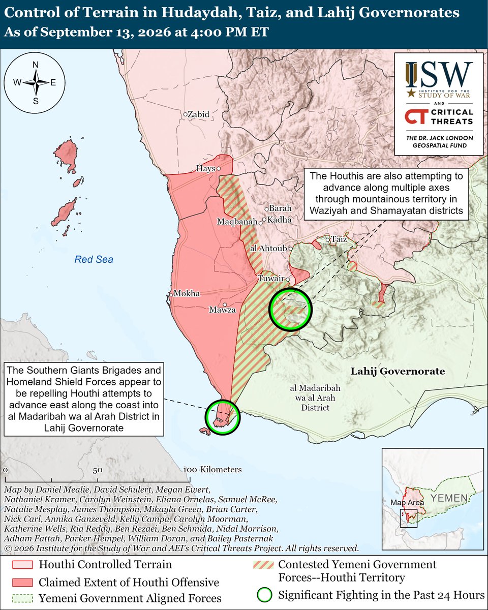 TheStudyofWar's tweet photo. NEW: Yemeni government-aligned forces are reportedly repelling Houthi attempts to advance on several fronts in southwestern Yemen on September 13. The current fighting between the Houthis and government forces takes place three days after the Houthis seized a significant stretch of Red Sea coastline near the Bab al Mandeb.

The Houthis do not appear to have made any significant advances towards Ras al Ara or further into Lahij Governorate since September 12. Forces affiliated with the internationally recognized Yemeni government, including the Southern Giants Brigades and Homeland Shield Forces, appear to be repelling Houthi attempts to advance east.

The Houthis are also attempting to advance along multiple axes through mountainous territory in Waziyah and Shamayatan districts. ROYG forces have repelled several Houthi attempts to seize villages in these districts, according to local media. Houthi control over this terrain could reinforce Houthi positions along the coast while also contributing to the Houthi effort to isolate the city of Taiz. 

The Houthis have also continued to bombard Taiz City with missiles and artillery, including through significant pressure on the city’s eastern flank. Government forces briefly closed the city’s eastern entrance after Houthi artillery damaged it. Houthi reinforcements from Ibb are reportedly moving towards al Hawban, east of the Taiz.

A Houthi projectile damaged several buildings in al Tuwal, near the Saudi-Yemeni border, on September 13. The attack is part of the broader Houthi effort to raise political and economic costs for Saudi Arabia by targeting oil infrastructure and military positions in Saudi territory. Consolidated Houthi positions along the southern Red Sea coastline could also improve Houthi capabilities to pressure Saudi Arabia by more effectively enforcing their blockade on Saudi ports and vessels.

ISW-CTP will continue to monitor the situation and provide updates as events warrant.