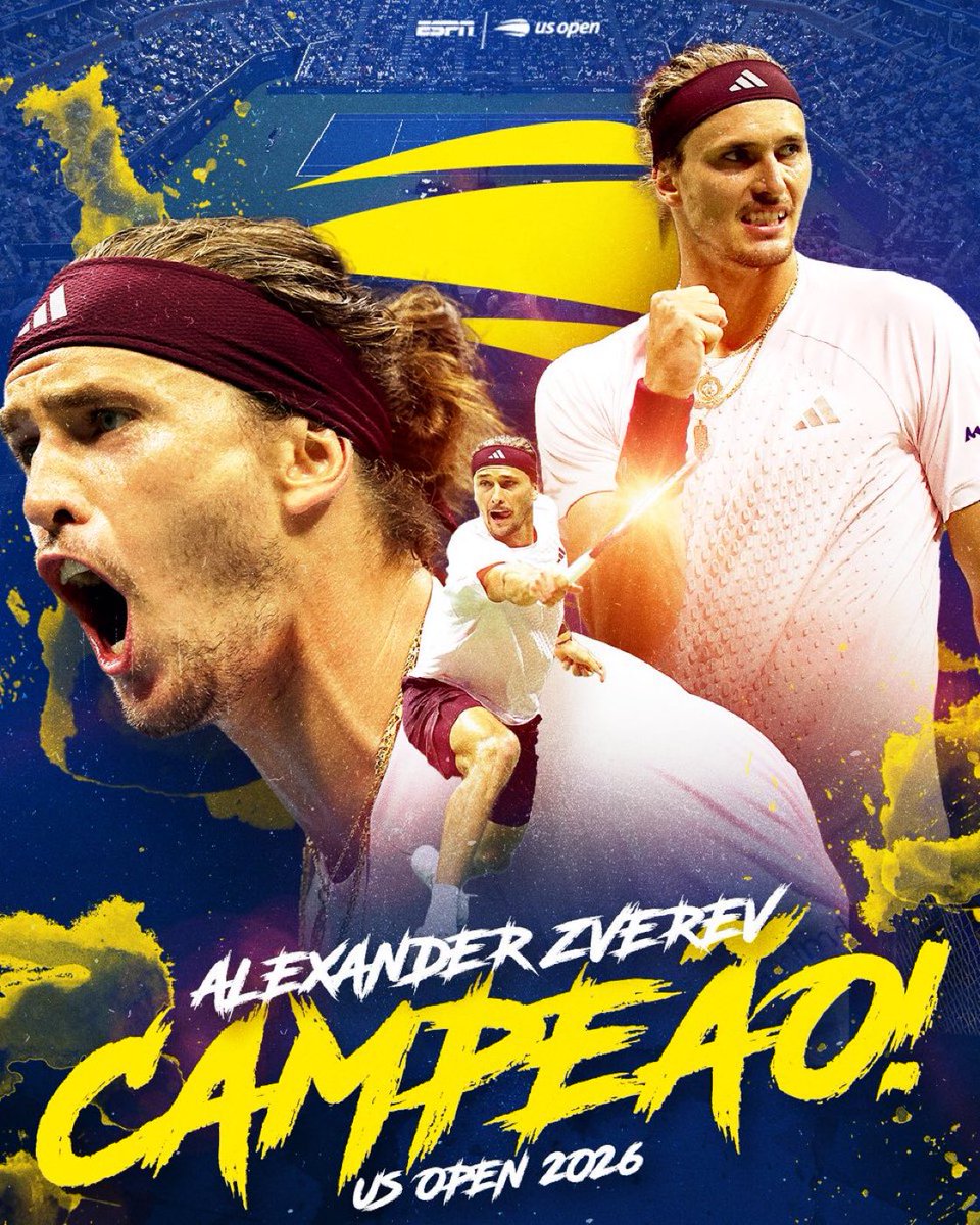 Leonardomaustin's tweet photo. ALEXANDER ZVEREV É O GRANDE CAMPEÃO DO US OPEN 2026! 🎾🏆
É campeão! Alexander Zverev venceu Ben Shelton por 3 sets a 1, com parciais de 6/3, 7/6, 5/7 e 6/2, e levantou o troféu em Nova York!
O que achou da grande final, fã de esporte?
#USOpenNaESPN #TenisNaESPN #USOpen #Zverev #BenShelton