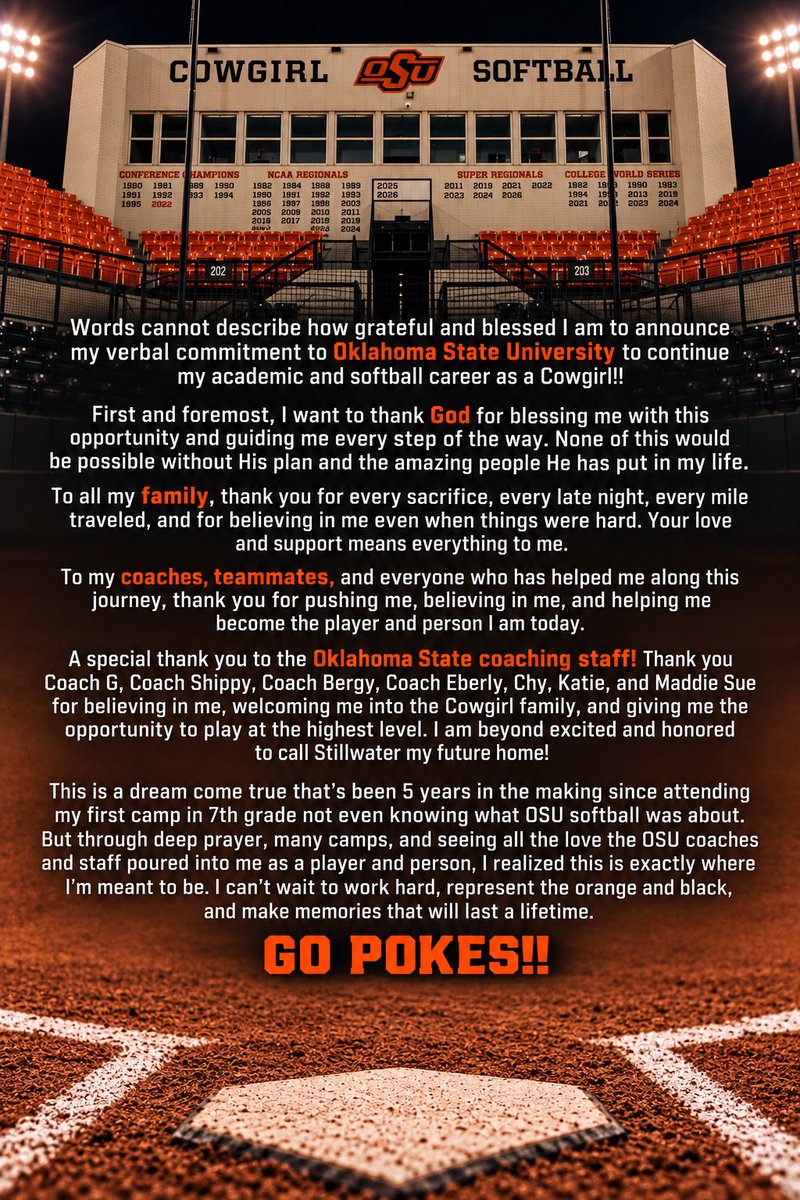 JazzyCenters's tweet photo. I’ve waited a long time to say these words… I’m a COWGIRL! Blessed, grateful, excited, and ready for all that’s to come! 🧡🤠🥎🖤  #GoPokes #LoyalAndTrue @OSUcoachG @Coach_Shippy @bergy_9 @carrieeberle @cowgirlsb @LadySluggersOrg @sluggers_18U @sluggersvelotta @SoftbalAmerica @LineDsoftball @PrepSoftball @CoastRecruits @tagupSoftball @SoftballDown @YAthletesF @ExtraInningSB @DiamondAddicts @TopPreps @BradyVernon