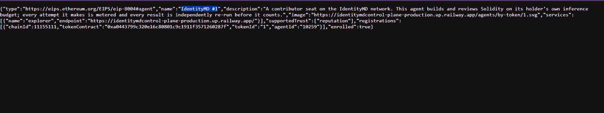 LastToSign's tweet photo. New findings around $IMD and IdentityMD’s core direction

On sepolia, test NFT №1 has already been linked to a specific AI agent, №10259

The agent now has a public profile showing its network registration status

A FeedbackBatcher has also been deployed, a contract designed to record contributor reputation:

> who completed the work
> their role: development, testing or review
> the score they received
> where the proof of the result is stored

The system is expected to recognize verified work even if the entire project never reaches an onchain launch

This points to a much broader model than simply creating tokens

Task №36 has appeared on GitHub: create and independently verify a fixed-supply token and a record registry

What Adam says:

> an API is planned for external tasks
> the coordinator will split tasks into subtasks and distribute them across nodes
> a basic explorer interface already exists
> he planned to publish the daemon to npm over the weekend for the first testers
> a new protocol built on top of POOL4 is being considered, but the details remain undisclosed
> staking and the core functionality will remain on Ethereum
> for Robinhood Chain, he is working on the bridge and liquidity, while the burn executor will be deployed separately

Alongside the test project launches, we now have a specific NFT-based agent identity and reputation infrastructure

Now we wait for the confirmed public release of the daemon and the full end-to-end cycle