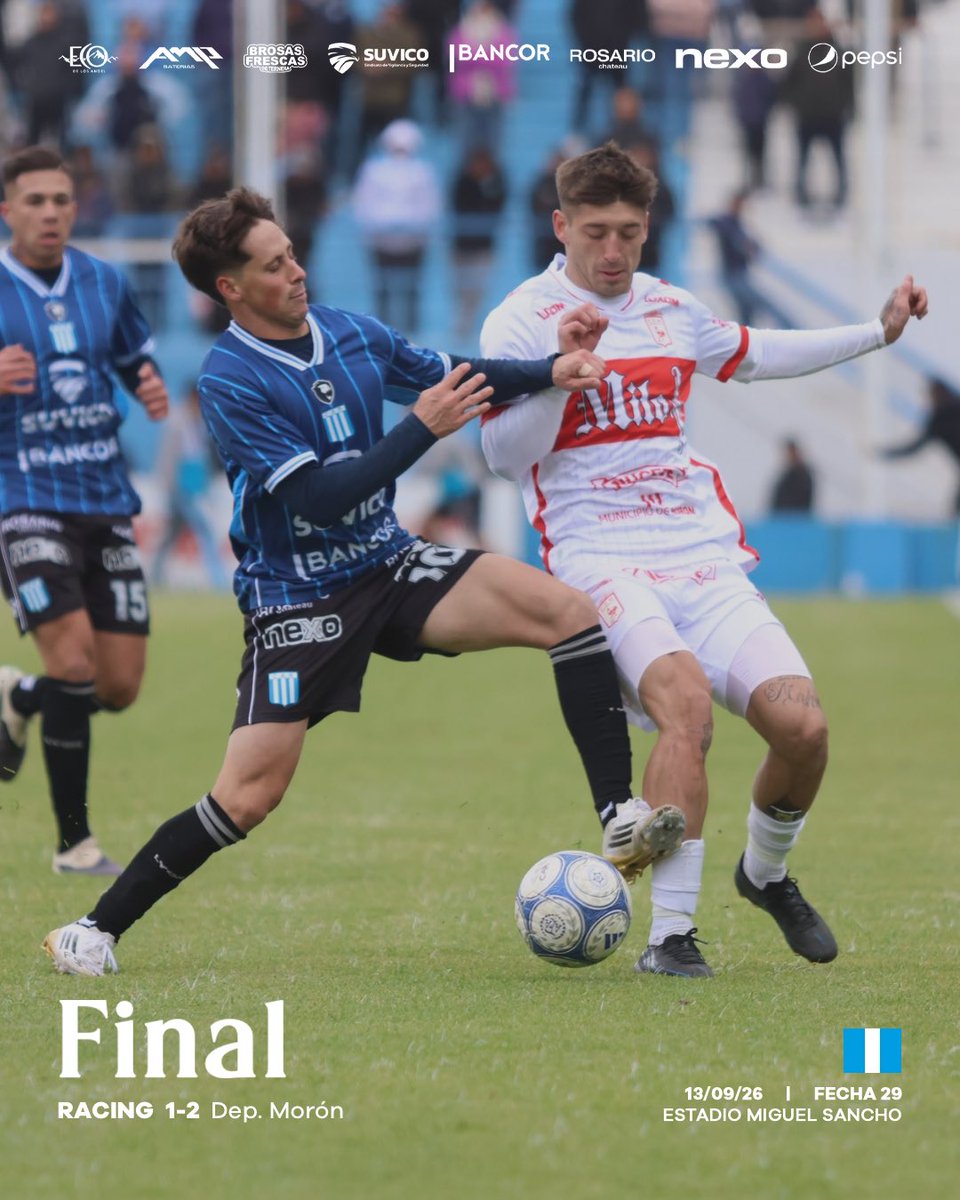 ClubARacing's tweet photo. 🏁 Final del partido
🗓️ Fecha 29

RACING 1
Deportivo Morón 2

#VamosAcademia🇬🇹 https://t.co/NiOIuEJ5RT