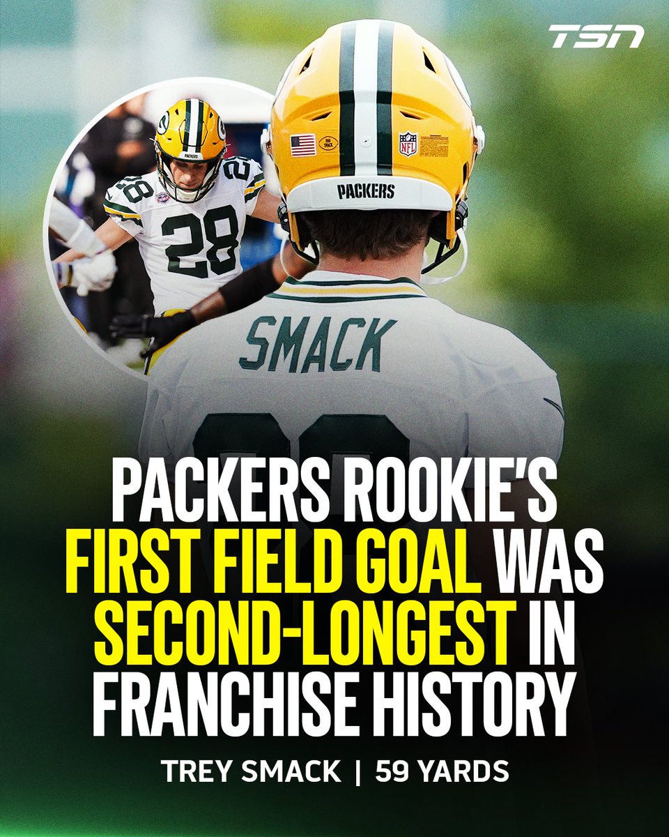 TSN_Sports's tweet photo. Aside from having the best name for a kicker, Trey Smack's first career field goal nearly broke the Packers' all-time record (61 yards) 🤯

(via @cbssports) https://t.co/G2ly6tLrYQ
