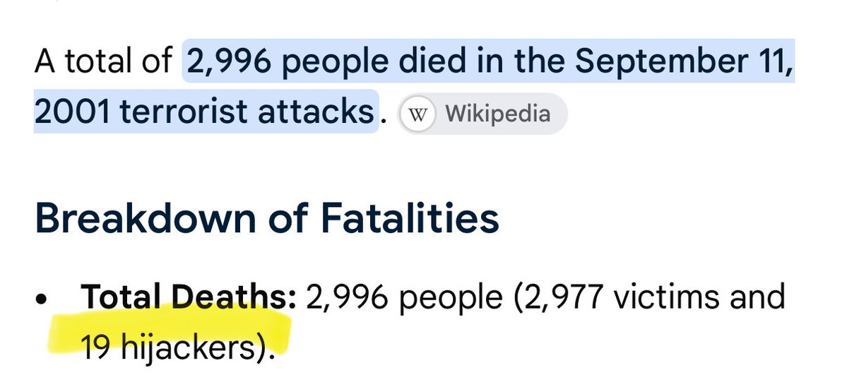 Kdoespolitics's tweet photo. Yeah, some of us don’t count the 19 fucking hijackers who murdered 2977 people immediately and then countless others from the aftermath. 

They don’t deserve to be remembered in any way except as criminals and stains on humanity. https://t.co/nAGe3VZziQ