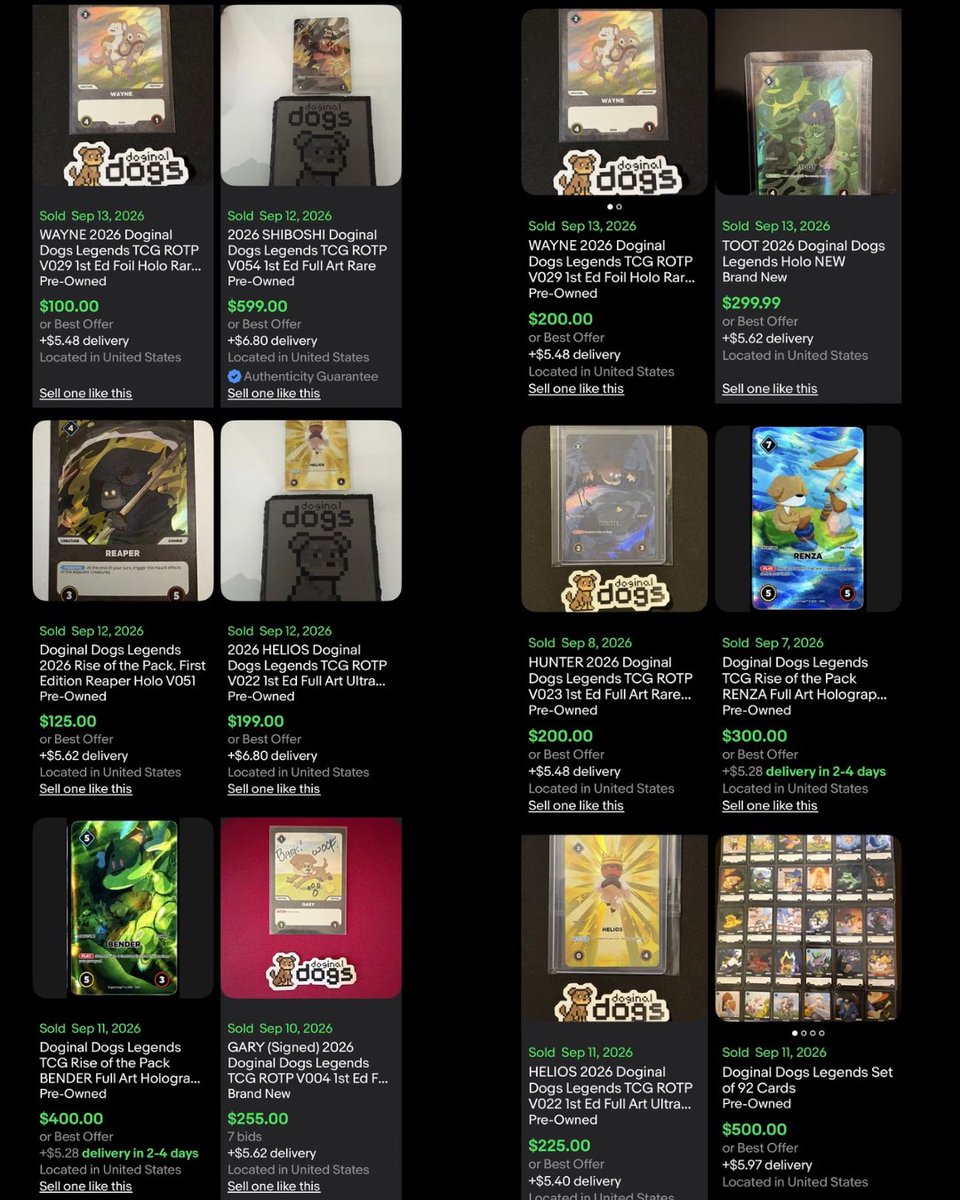 barkmeta's tweet photo. Doginal Dog Legends TCG cards are selling for 100x’s on Ebay already.

Volume is picking up and the community is eating. Love to see the hustle.

Did you fade.. or are you paying attention? https://t.co/egqBWW0sqF