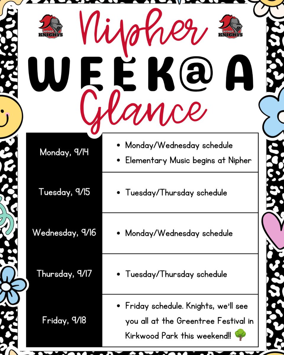 NipherMiddle's tweet photo. Good evening, Knight Families! As we look ahead to a new week, please view this flyer for helpful schedule reminders. While you're here, don't forget to join us at the Greentree Festival in Kirkwood Park this weekend for our famous french fries and more! https://t.co/P0o4CMIeSC