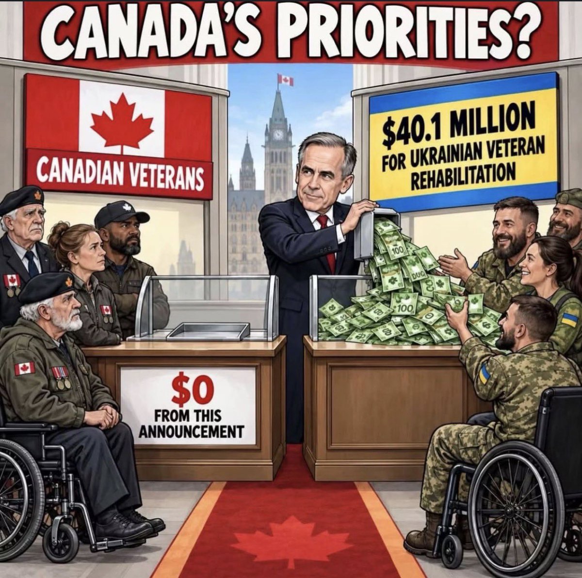 JayGenXer's tweet photo. Trudeau told a Canadian veteran who lost a leg in Afghanistan that they were asking for more than Ottawa could give.

That was 2018. They were still in court with the people who served this country.

Last week Carney found $40.1 million, on the spot, for a new fund for Ukrainian veterans.

This announcement did not put a dollar on the Canadian side of that counter. Our department still has backlogs, clawback letters, and a homeless-veterans pot that got raided when the paperwork did not line up.

The FIRST obligation is the people who already bled in OUR uniform!

They told our veterans the money was not there. Then they found it when the cameras were pointed at a different flag.

Who does Ottawa answer to first?

#cdnpoli #CanadaFirst
