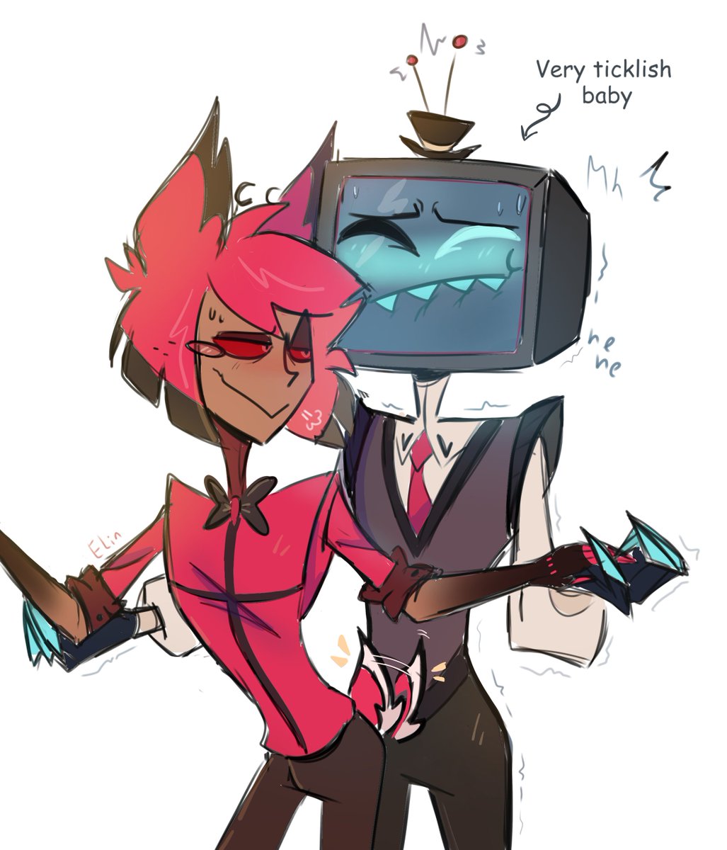 Elin_Lamp's tweet photo. Based on new merch from TIA. 

Alastor has a hard time dancing with Vox, because his tail twitches with joy and tickles Vincent's tummy hard
#Radiostatic #sparksduo https://t.co/p1c4tLyLNb