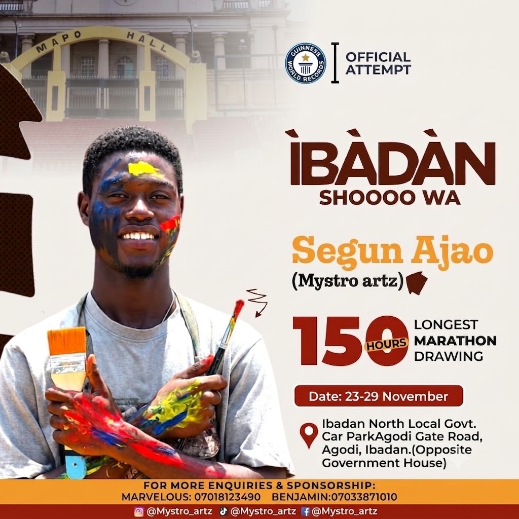 segunajaoo's tweet photo. @JustFreshKicks @kustoo @KicksFinder History in the making, but I can’t break this record alone. ⏳ 150 hours of continuous portrait drawing loading live in Ibadan! To pull off this massive feat, I need every single one of you in my corner. Whether through sponsorship, media coverage, or just spreading the news 🖌️ https://t.co/wudOW3GMQ9