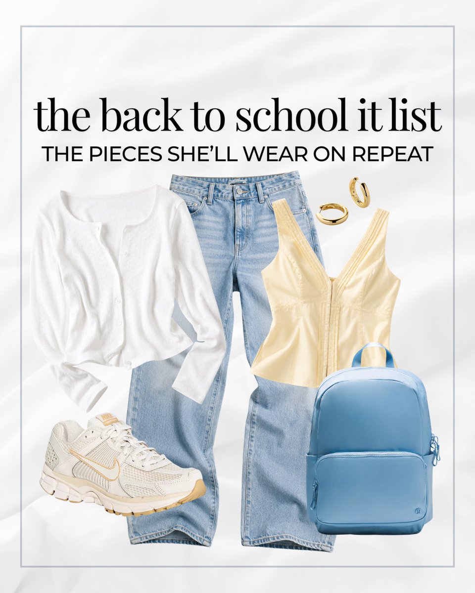 mt99991's tweet photo. Comment IT LIST for the details. This back-to-school outfit formula works for high school, college, class days and weekends: light-wash jeans, a white cardigan, soft yellow top, everyday sneakers, gold hoops and a blue backpack. Save it before https://t.co/VFrdUawmA0