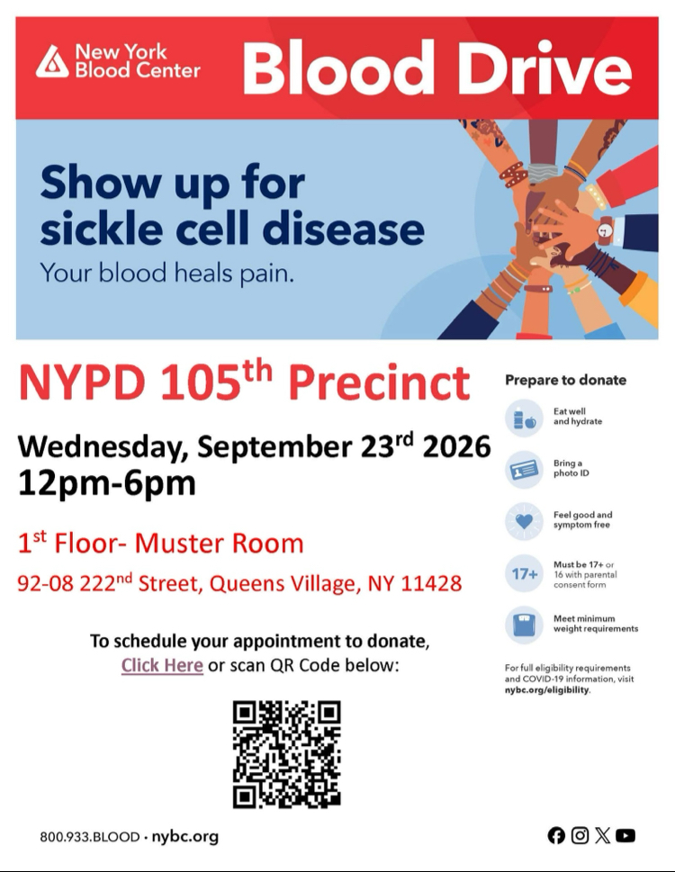 NYPD105Pct's tweet photo. The New York Blood Center will host a Blood Drive on Wednesday September 23rd from 12-6 pm in the 105 Precinct.  If you'd like to schedule an appointment, please see link on the flyer.  Walk ins are welcomed as well! https://t.co/MVlspFOf1g