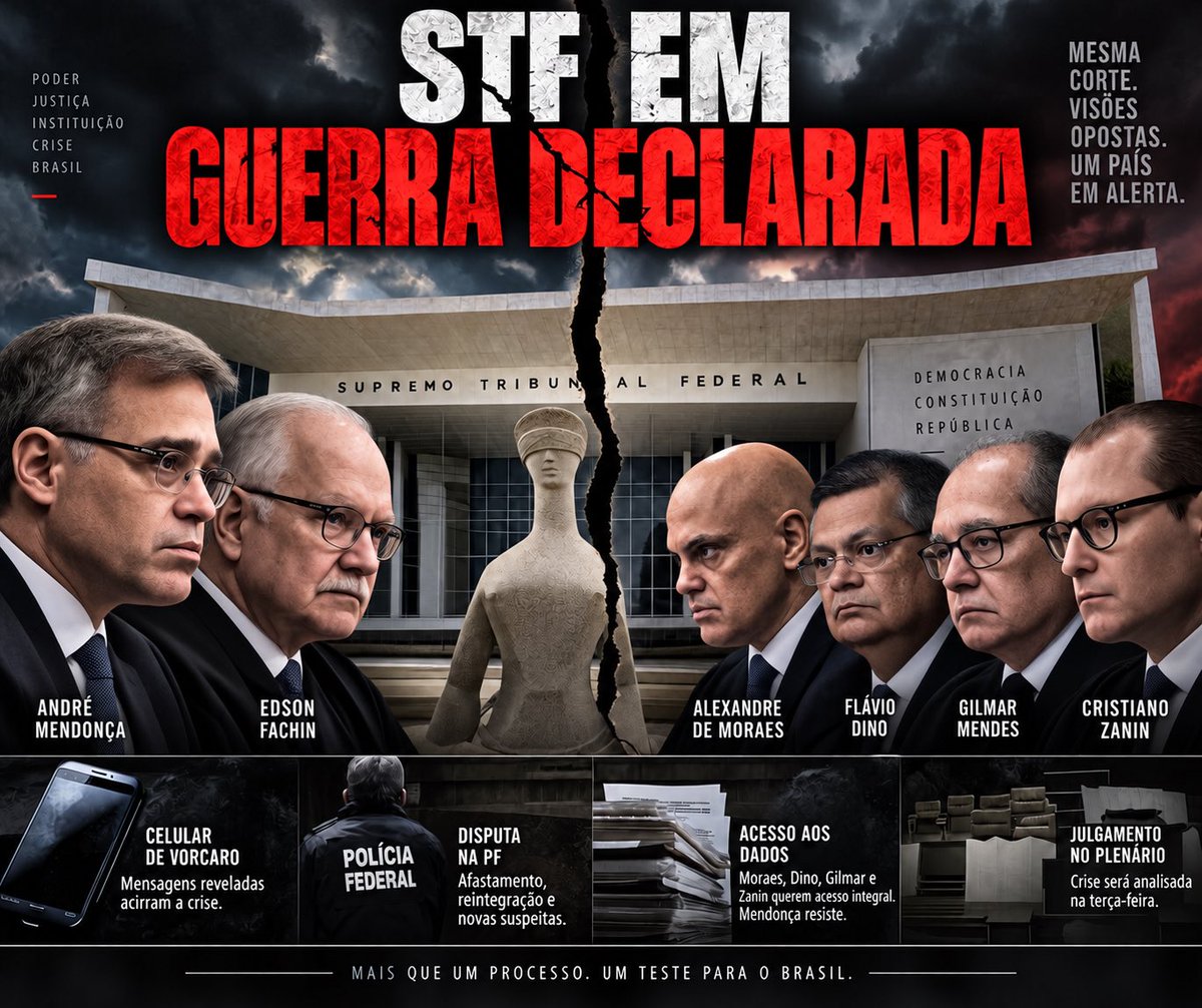 drpaulofaria22's tweet photo. STF EM GUERRA DECLARADA

O que até poucos dias atrás poderia ser tratado como divergência interna transformou-se numa crise aberta dentro do Supremo.

André Mendonça, Alexandre de Moraes, Gilmar Mendes, Cristiano Zanin, Flávio Dino e Edson Fachin passaram a protagonizar uma sequência de decisões, reações e movimentos processuais que expôs uma divisão raramente vista publicamente na Corte.

No centro da disputa está o celular de Daniel Vorcaro. Mendonça tornou público relatório da Polícia Federal contendo referências a Alexandre de Moraes e Paulo Gonet. Moraes reagiu contra a atuação do colega. Depois, Mendonça determinou o afastamento do diretor-geral da PF, Andrei Rodrigues, e do diretor de Inteligência, Leandro Almada. A Segunda Turma chegou a formar maioria para manter a decisão, Gilmar pediu vista, Dino determinou a reintegração e Fachin acabou intervindo para suspender as decisões conflitantes e levar a crise ao Plenário (PET 16.704/DF).

Neste domingo, a temperatura subiu mais um grau.

Cristiano Zanin determinou que a Polícia Federal entregue ao seu gabinete, até as 23h, cópia integral dos dados extraídos do celular de Vorcaro, encaminhando cópia do ofício a Fachin, no início da noite deste domingo.

O ministro sustentou que todos os integrantes da Corte devem ter acesso ao material e registrou um argumento particularmente relevante no contexto da crise: não há hierarquia entre os ministros do STF.

A decisão coloca Zanin diretamente no centro do conflito sobre o acesso às provas. Mendonça vinha resistindo à disponibilização integral do conteúdo, argumentando que a abertura indiscriminada dos dados poderia comprometer investigações em andamento e até tumultuar o julgamento marcado para terça-feira. Zanin seguiu em sentido contrário e determinou a entrega do material diretamente pela PF.

A disputa, portanto, deixou de ser apenas sobre o que existe no celular de Vorcaro. Agora envolve também quem pode acessar os dados, em que extensão, em qual momento processual e quais consequências esse acesso poderá produzir sobre investigações ainda em andamento.

O quadro é ainda mais grave porque Mendonça pediu a Fachin que apure possível pressão ou constrangimento sobre delegados da Polícia Federal para que o conteúdo fosse disponibilizado. Ao mesmo tempo, Moraes, Gilmar e Zanin defendem acesso integral ao material.

Gilmar tentou adiar o julgamento de terça-feira e reunir, numa mesma análise, o caso envolvendo Moraes e as acusações dirigidas contra Mendonça. Fachin disse não. Separou os procedimentos e manteve a sessão extraordinária de 15 de setembro.

O cenário é extraordinário: Mendonça resiste à abertura integral dos dados; Zanin determina à PF que os entregue; Moraes questiona a atuação de Mendonça; Gilmar tenta reunir os casos; Dino já interferiu diretamente na controvérsia envolvendo o comando da Polícia Federal; e Fachin tenta centralizar institucionalmente uma crise produzida por decisões e movimentos dos próprios integrantes da Corte.

Não estamos mais diante de simples divergências jurídicas entre ministros. 

Ora, há decisões conflitantes e para todos os gostos, inclusive acusações cruzadas, disputa sobre provas, questionamentos sobre a atuação da Polícia Federal e uma intervenção direta da Presidência do Supremo para tentar organizar institucionalmente o conflito.

E ainda faltam menos de dois dias para a sessão de terça-feira.

O STF não julgará apenas mais um processo. Ele terá de enfrentar, em Plenário, uma crise que nasceu dentro da própria Corte e que, a cada nova decisão, parece ficar maior, e longe de um fim pacífico.

Suprema guerra onde quem perde é o Brasil.