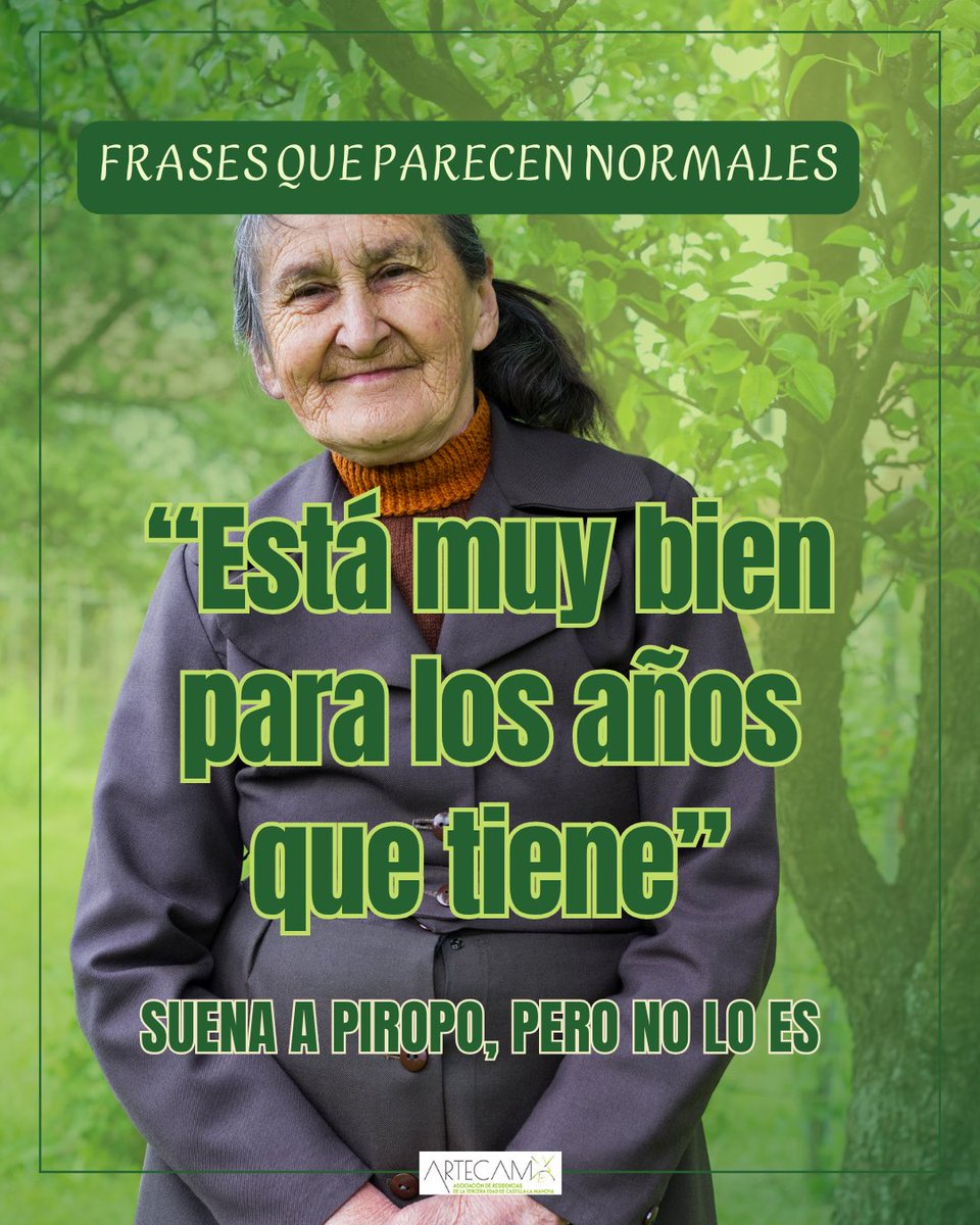 ARTECAMCLM's tweet photo. “Está muy bien para los años que tiene” Parece un cumplido, pero encierra una expectativa bastante pobre sobre envejecer.

El edadismo también se cuela en frases dichas con la mejor intención.

Tratemos a las personas mayores como adultas. Sin condescendencia.

#Artecam #Edadismo https://t.co/WKRvEE1FxJ
