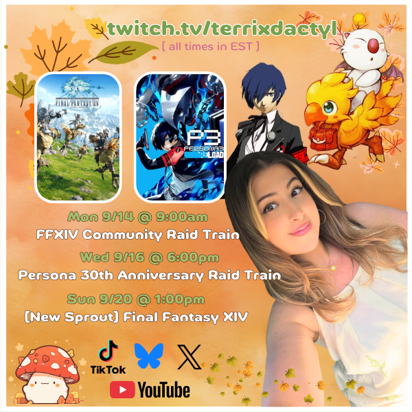 terridactylx's tweet photo. This weeks schedule is a bit all over the place, we have 2 raid trains to attend! One super early (eek) and one in the evening! Really excited to get back into my first play of #P3Reload and of course, more #FFXIV 🫶 see you all tomorrow morning!

🍃https://t.co/Xmh0EqiBui https://t.co/1z2a3KkPd2