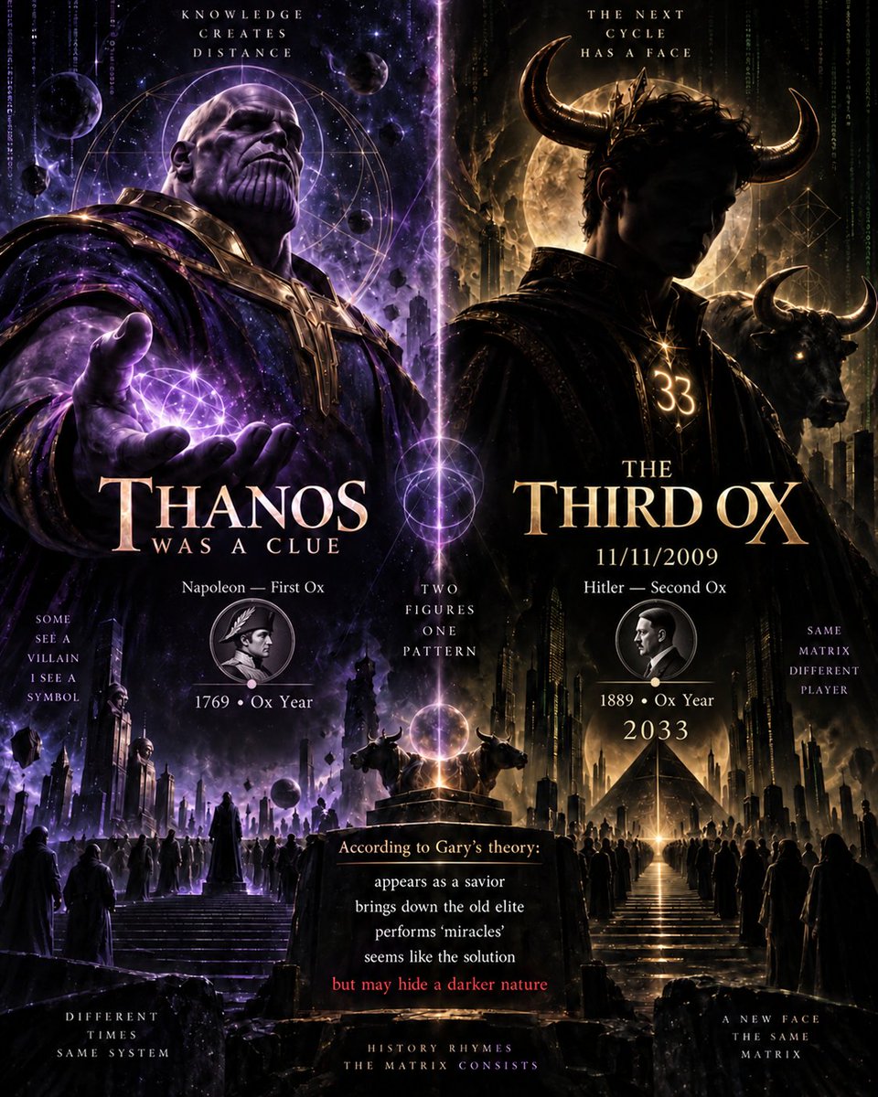 Arithmologos's tweet photo. #GG33 — THE THIRD OX

According to Gary’s theory, history moves in repeating cycles, and certain energies return through different people and different eras.

The first Ox was Napoleon.

The second Ox was Hitler.

And according to Gary, the third Ox is already here.

Born on 11/11/2009.

33 Life Path.

Ox year.

Gary has said that this individual could become a major world figure and may emerge around 2033.

What makes the theory even more interesting is the parallel with Thanos.

Thanos represents a figure who believes the world is out of balance and that extreme action is necessary to correct it.

Thanos first appeared in 1973 — also an Ox year.

There is even a direct line:

“Thanos was a clue.”

That is where the parallel begins.

Thanos sees himself as the one willing to do what others are too weak to do.

He brings order through destruction.

He removes what he believes is corrupt.

He acts as if he is restoring balance.

And from his own point of view, he is not the villain.

According to Gary’s theory, the Third Ox could follow a similar pattern.

Not necessarily appearing as an enemy.

But as a solution.

A figure who may challenge existing elites, overturn powerful systems, perform things people could see as “miracles,” and gain massive support because people believe he is fixing what is broken.

Napoleon — First Ox

Hitler — Second Ox

Thanos — first appeared in 1973, Ox year

11/11/2009 — 33 Life Path, Ox

2033 — The Third Ox?

Different times.

Same energy.

Different faces.

Same pattern.

The question is not whether the next figure will look dangerous.

The question is whether he will look like the answer everyone has been waiting for.

#GG33.