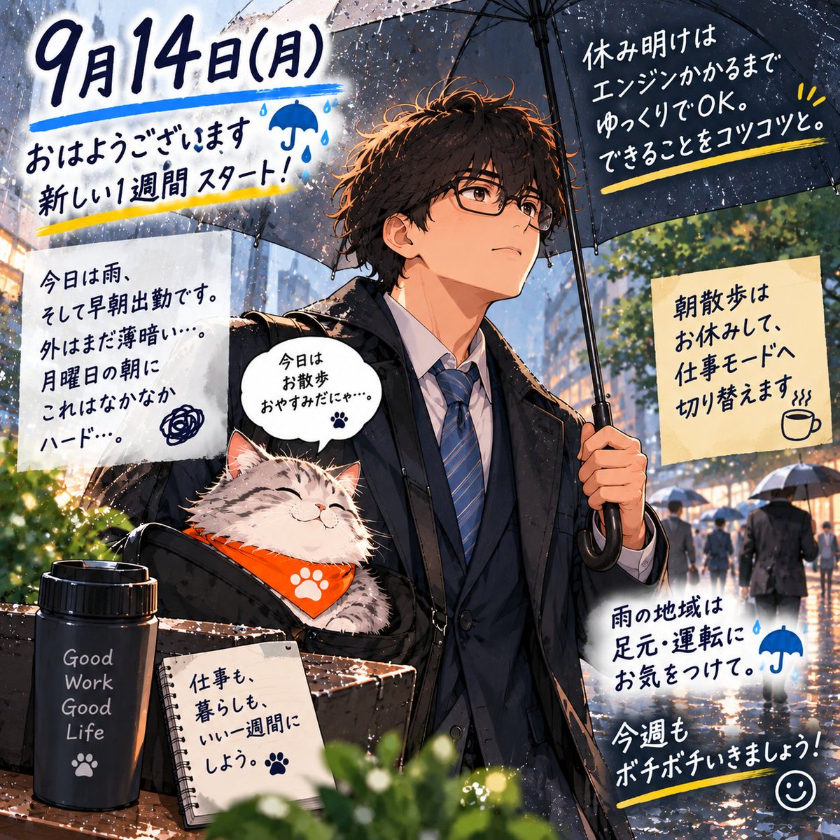 B_Challenger27's tweet photo. 月曜・雨・早朝出勤の「休み明けしんどい感」を少し入れると、共感されやすいです。

> おはようございます☔️
9月14日（月）新しい1週間スタート！

今日は雨、そして早朝出勤です💼
外はまだ薄暗い…。
月曜日の朝にこれはなかなかハード😂

朝散歩はお休みして、仕事モードへ切り替えます🔥

休み明けはエンジンかかるまでゆっくりでOK。
できることをコツコツと。

今週もボチボチいきましょう💪
雨の地域は足元・運転にお気をつけて☔️

今日も一日、ご安全に！🫡

#おはようございます #月曜日 #雨