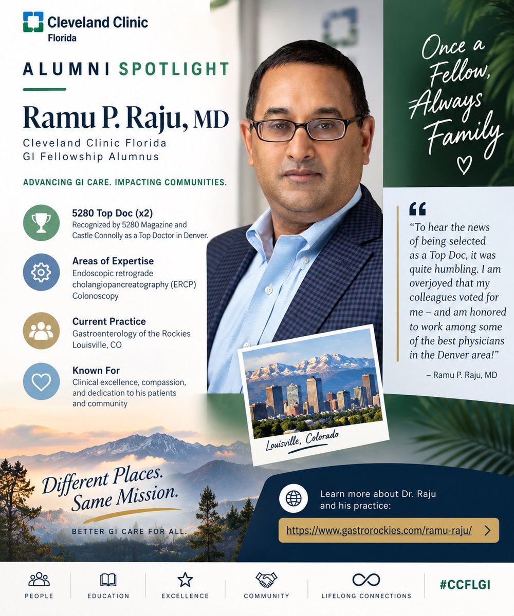 CCFL_GIFellowsh's tweet photo. 🌟 #CCFLGI Alumni Spotlight: Ramu P. Raju, MD

From fellowship in Florida 🌴 to advancing GI care in Colorado 🏔️ Dr. Raju is a 2× 5280 Top Doctor with expertise in ERCP &amp; colonoscopy.

Once a fellow, always family. 💙 https://t.co/N9CNw2hDNN
