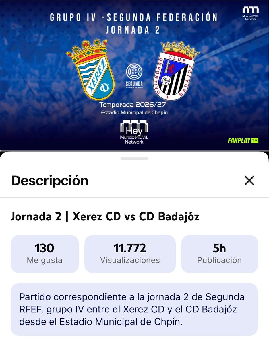 mmovilnetwork's tweet photo. 🔥 Qué locura lo vivido en el @XerezCD_OFICIAL 🆚 @CDBadajoz.

📺 Más de 11.000 personas siguieron el partido en directo a través de @YouTube.

🏟️ Además, más de 8.000 aficionados estuvieron presentes en el Municipal de Chapín.

Entre YouTube y el estadio, casi 20.000 personas pendientes del encuentro. Una auténtica barbaridad. 💙⚽

El fútbol en abierto también demuestra que puede generar alcance, visibilidad y una conexión enorme con la afición.

#XerezCD #CDBadajoz #FANPLAYTV
@fanplaytves @GolSinVAR @GradaBpro @marcoablanco @IvanPastor__ @Lopez98_Carlos @RoberMorMar @FriasJr17 @topitojerez @cristocgc