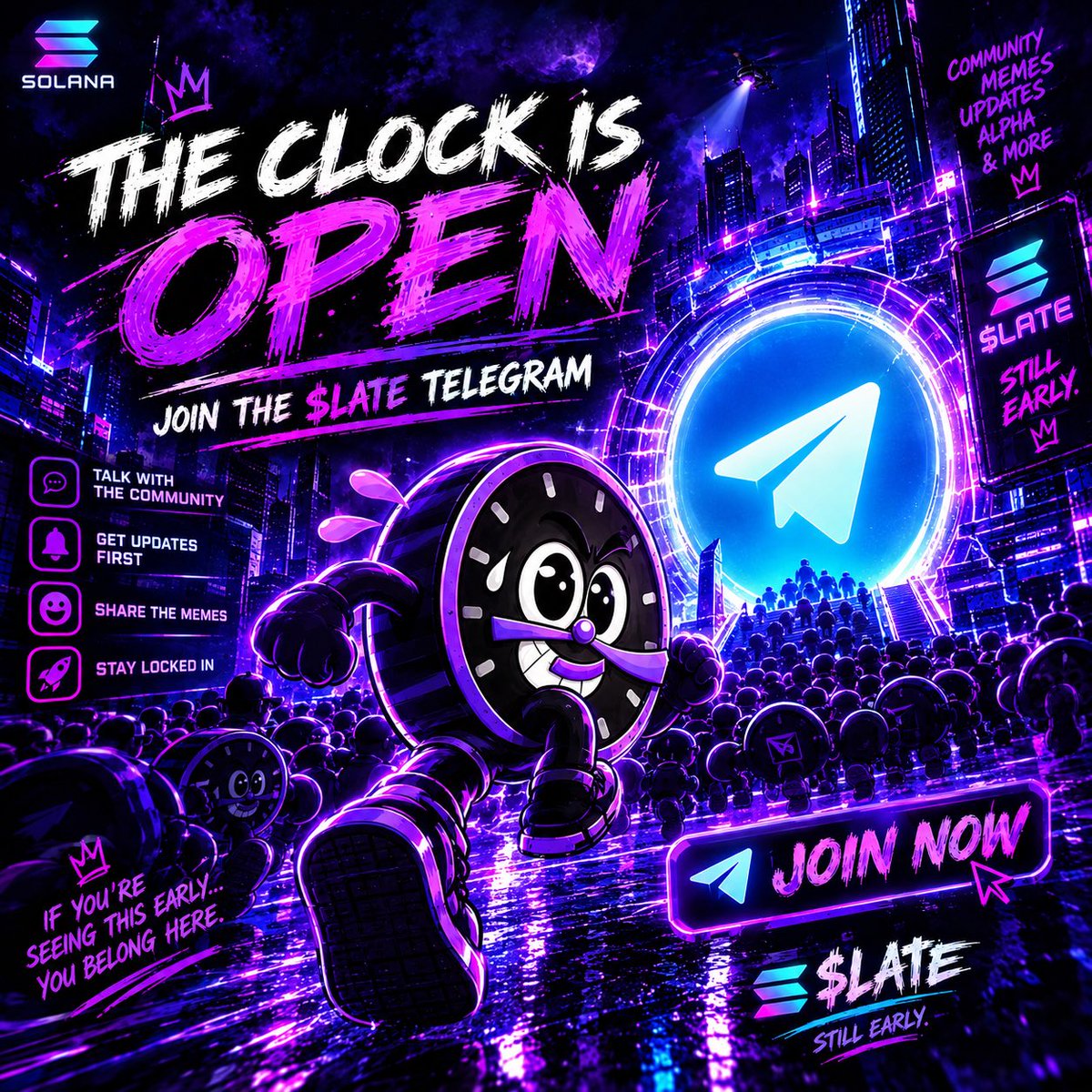 LATEonSOL_'s tweet photo. ⏰ THE CLOCK IS OPEN.

Big announcement coming at 9 PM EST

You asked for a community.
We built one.

You asked where the early ones could gather.
Now you know. 💜

$LATE TELEGRAM IS LIVE.

LIVE AHEAD. THINK EARLY.

🔗 [https://t.co/U15lM9HNy4]

$LATE — STILL EARLY. ⏰ https://t.co/0X8N0XM6SO